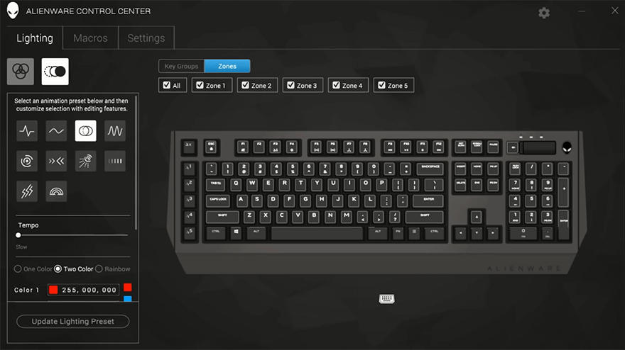 lighting presets available in aw78 keyboard