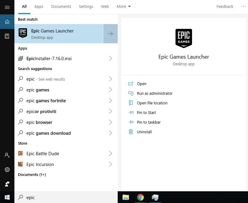 windows 10 search results for epic